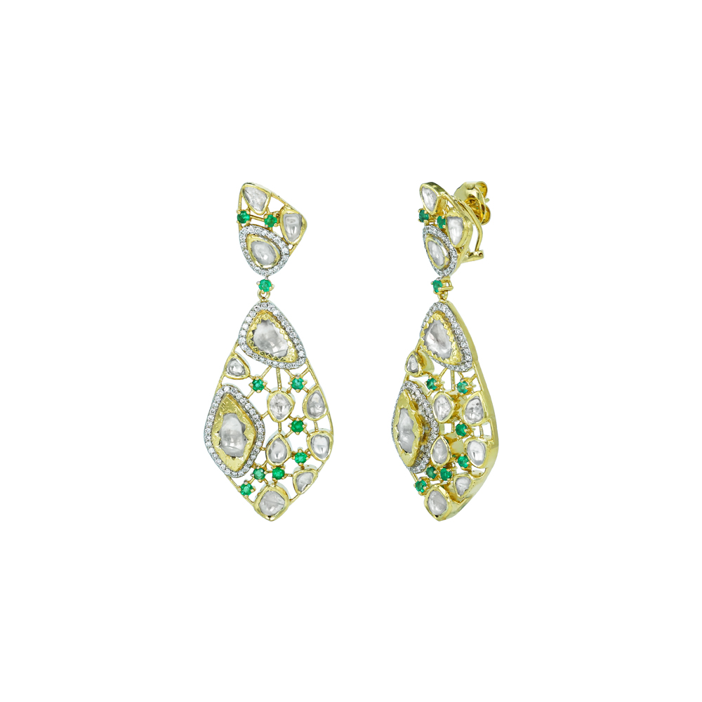Polki Drop Earrings with Emerald Accents